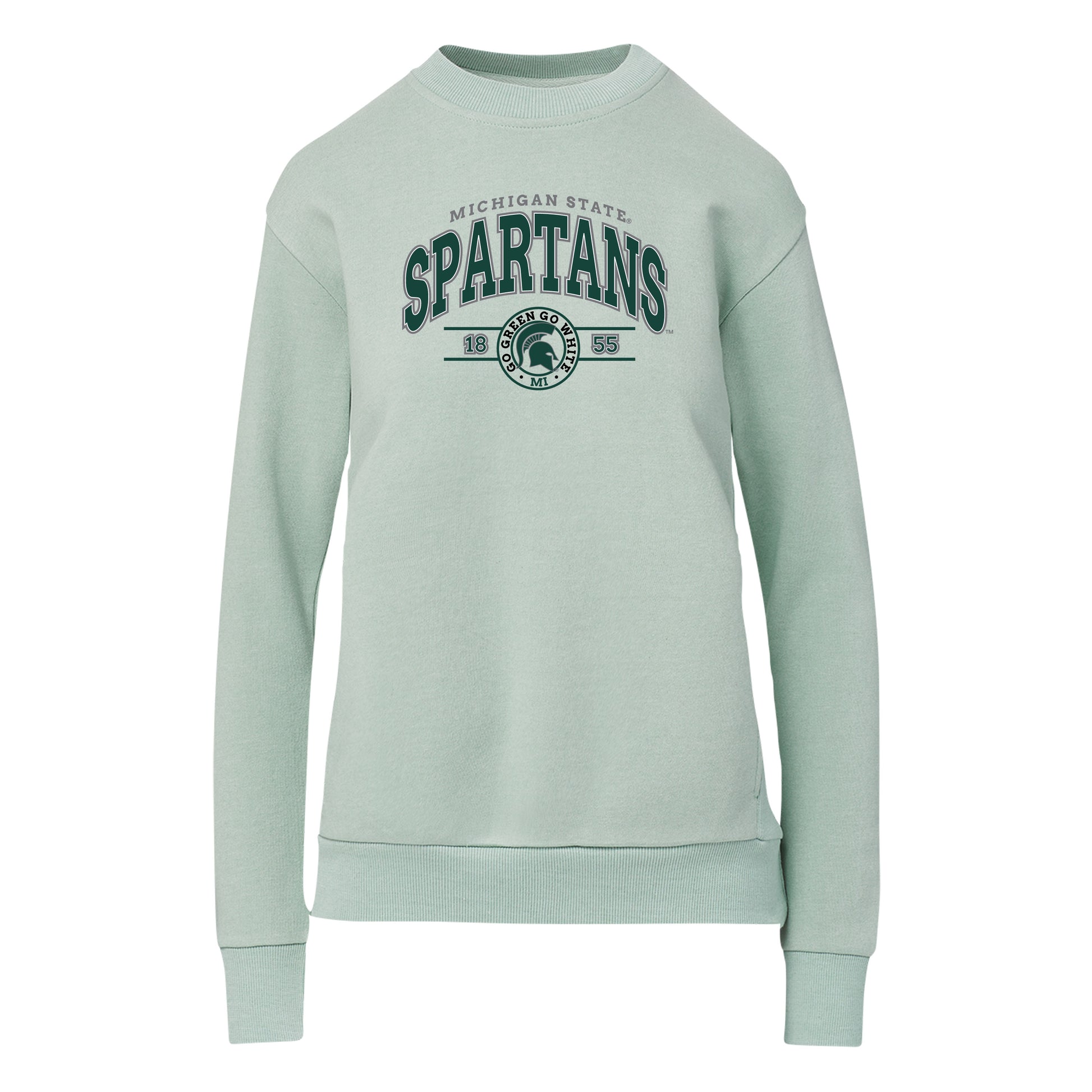 Light blue crewneck pullover with gray arched text that reads "Michigan State," arched text below in green that states "Spartans," and a graphic below that features a green Spartan Helmet logo. 