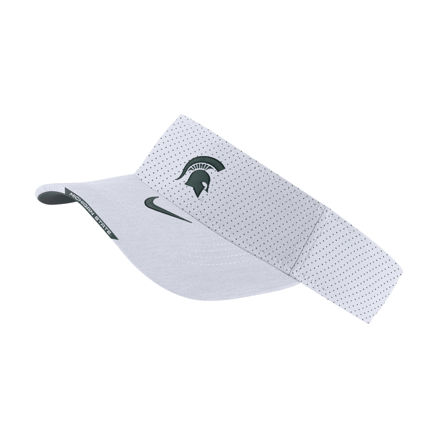 A green Nike AeroBill visor with a hook-and-loop closure and a white embroidered Spartan Helmet logo on the front, white embroidered Nike logo on the bill, and the words "Michigan State" on the edge of the bill. 