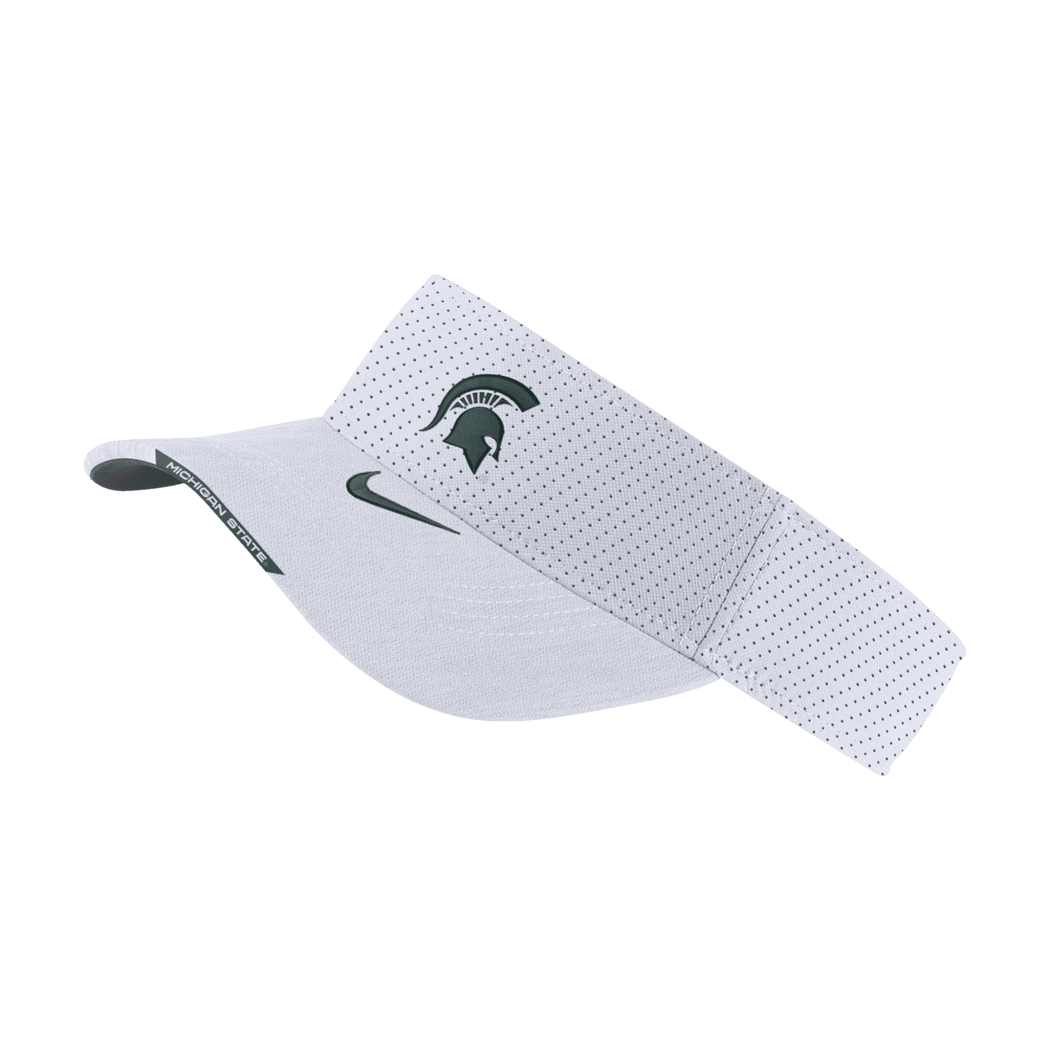 A green Nike AeroBill visor with a hook-and-loop closure and a white embroidered spartan head logo on the front, white embroidered Nike logo on the bill, and the words "Michigan State" on the edge of the bill. 