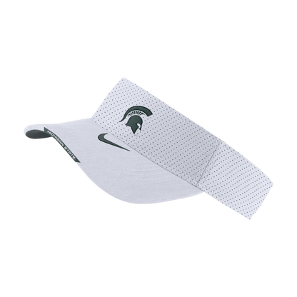 A green Nike AeroBill visor with a hook-and-loop closure and a white embroidered Spartan Helmet logo on the front, white embroidered Nike logo on the bill, and the words "Michigan State" on the edge of the bill. 