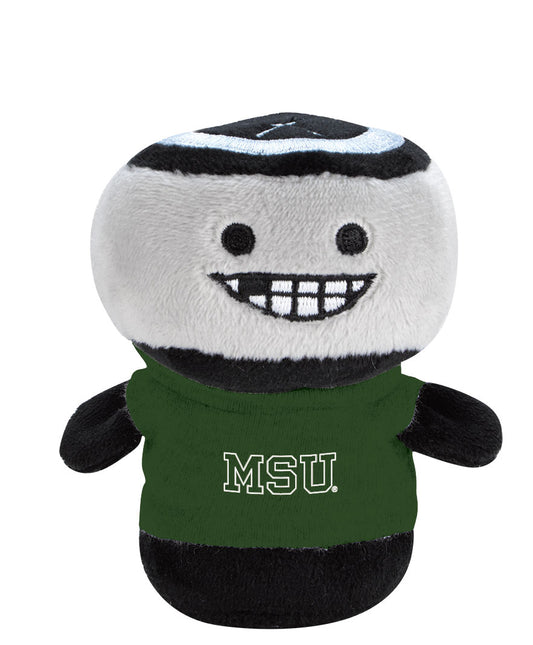 Stuffed gray and black mini hockey puck with a face and body. It is wearing a green T-shirt with a white MSU wordmark printed on the front. 