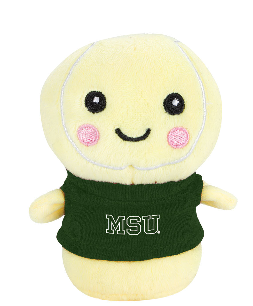 Stuffed mini tennis ball with a face and body. It is wearing a green T-shirt with a white MSU wordmark printed on the front. 