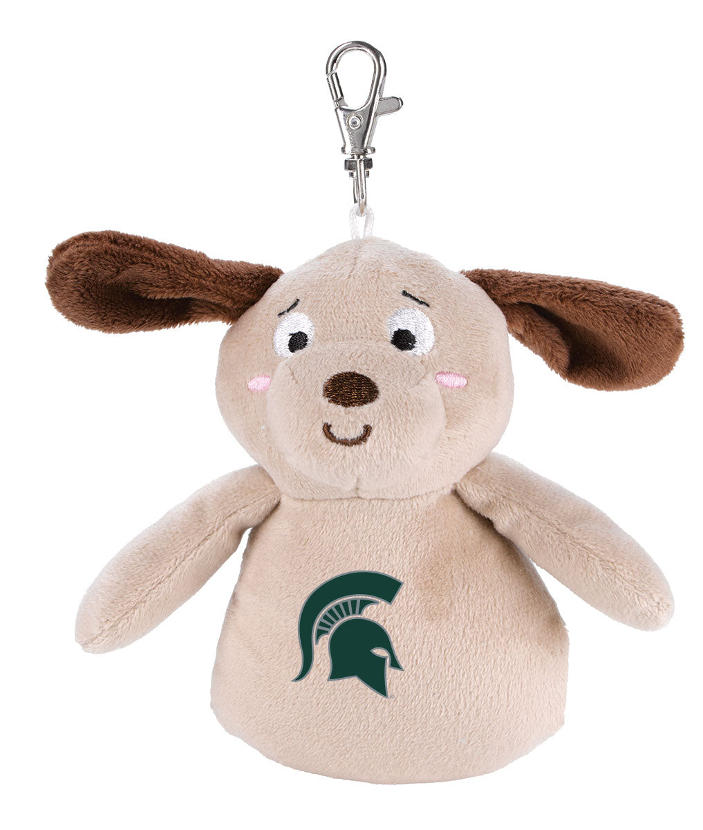 Mini light brown and dark brown dog stuffed animal keychain with a green Spartan Helmet logo on the stomach. 