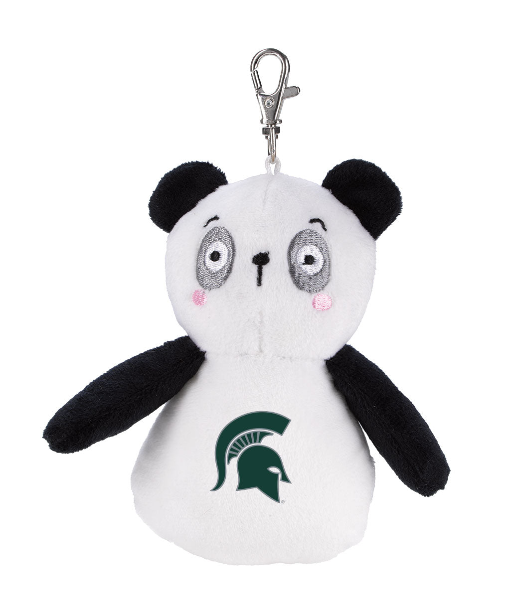 Mini black and white panda stuffed animal keychain with a green Spartan Helmet logo on the stomach. 