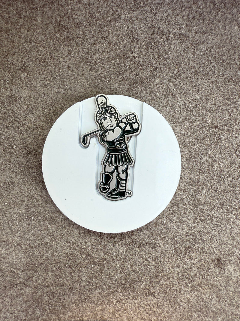 White magnetic Sparty golf ball marker.