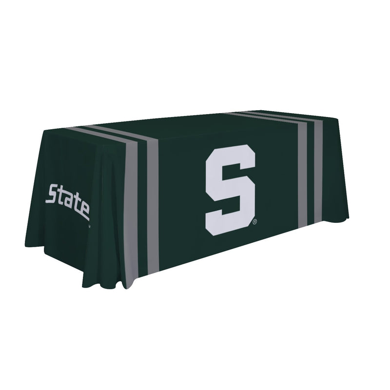 A 6' table with a green cover that features a white block S design and gray stripes.