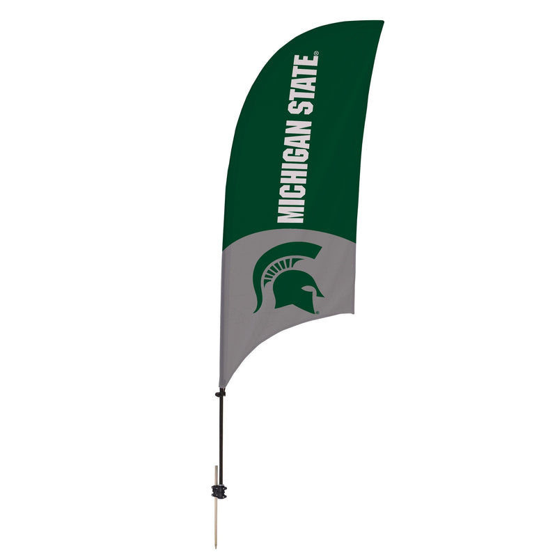 A standing flag with a green Spartan helmet on a gray background and a white Michigan State wordmark on a green background.