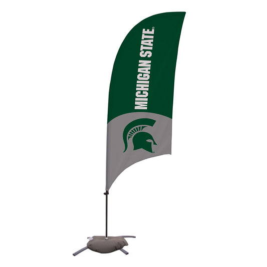 A standing flag with a green Spartan helmet on a gray background and a white Michigan State wordmark on a green background.
