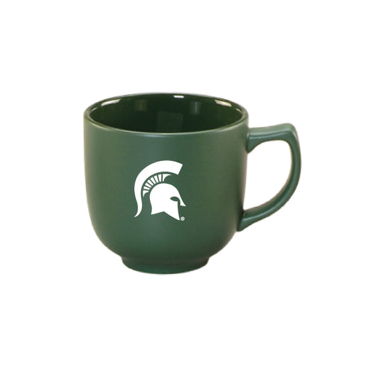 Large matte green ceramic mug.  Centered on side of mug is a white embossed Spartan helmet logo . 