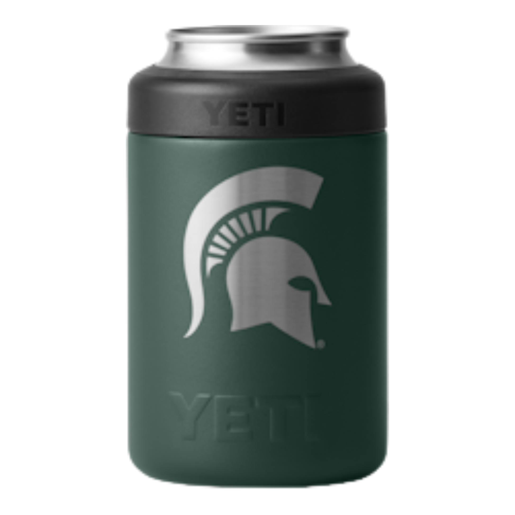 A green stainless steel can cooler with a silver Spartan Helmet in the middle.