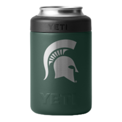 A green stainless steel can cooler with a silver Spartan Helmet in the middle.