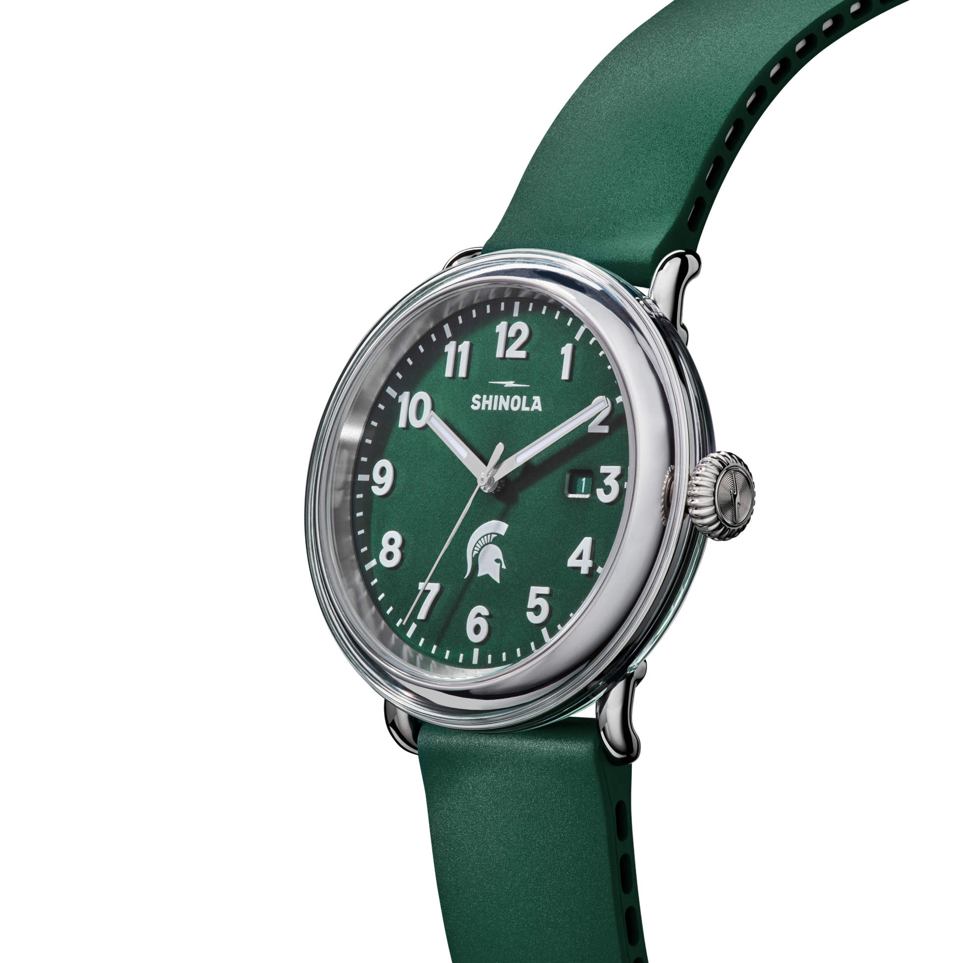 Green Shinola watch with green face and strap featuring white numbers and a white MSU Spartan helmet. Stainless-steel watch casing. 