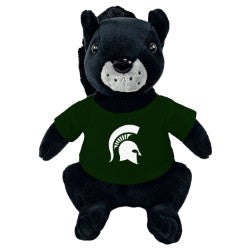 Black plush squirrel wearing a green Michigan State shirt featuring the white Spartans helmet logo.
