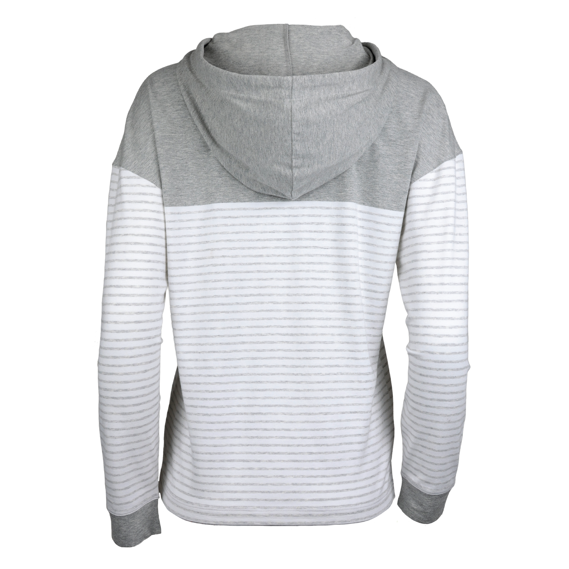 Back of a gray and white striped quarter-zip hoodie. The top half of the quarter-zip hoodie is solid gray. The drawstrings, zipper, and cuffs are also solid gray. The rest of the hoodie has gray and white stripes. 