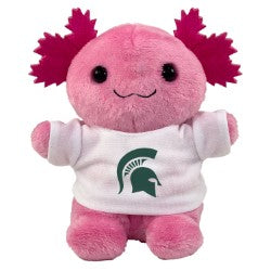 Small plush axolotl toy wearing a white T-shirt featuring the green Michigan State Spartan helmet logo on the front. The stuffed animal has a tan and white body, brown hooves, a short mane, and embroidered facial details. Product shown against a light gray background.
