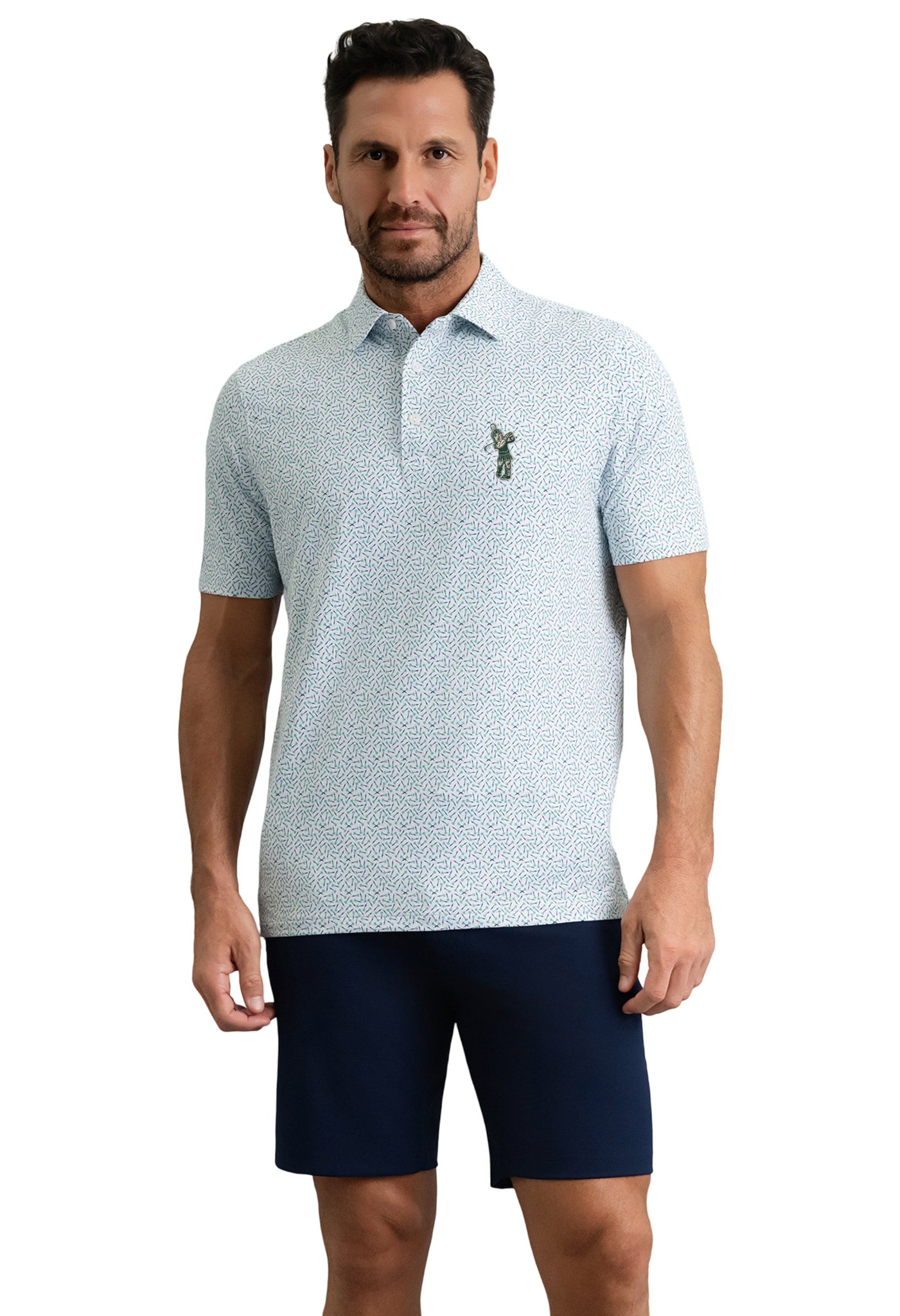 Men's white performance polo with a light blue all-over micro throwing darts print, short sleeves, a three-button collar, and an embroidered Golf Sparty logo on the left chest, shown with navy shorts against a white background.