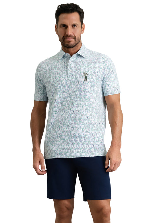 Men's white performance polo with a light blue all-over micro throwing darts print, short sleeves, a three-button collar, and an embroidered Golf Sparty logo on the left chest, shown with navy shorts against a white background.