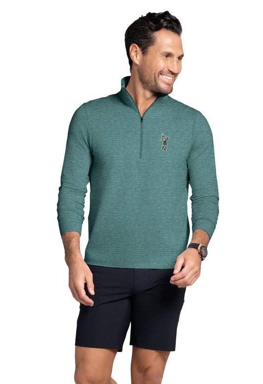 Heather teal quarter-zip mock pullover. On left chest is an embroidered Golf Sparty Logo.