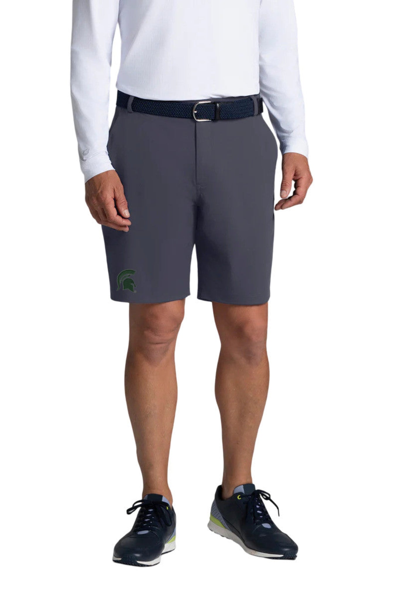 Dark grey performance short with a 9 inch inseam. on left short hem is a green embroidered Spartan Helmet. 