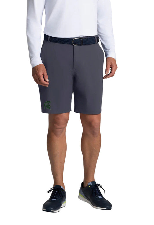 Dark grey performance short with a 9 inch inseam. on left short hem is a green embroidered Spartan Helmet. 