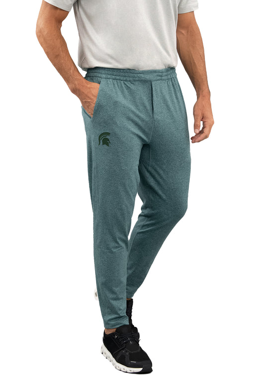 Teal heathered jogger sweat pant. On left hip is a green embroidered  Spartan helmet. 
