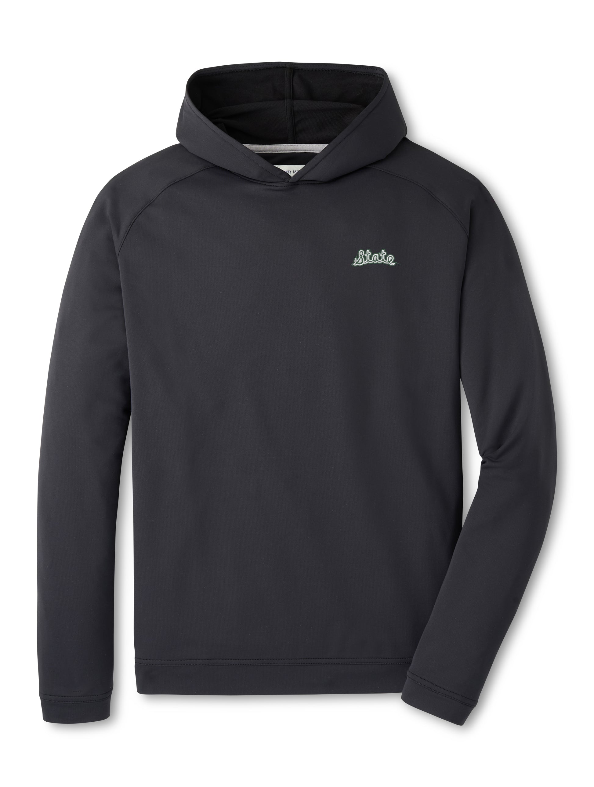 Black hoodie with "State" written in script on the upper left chest. 