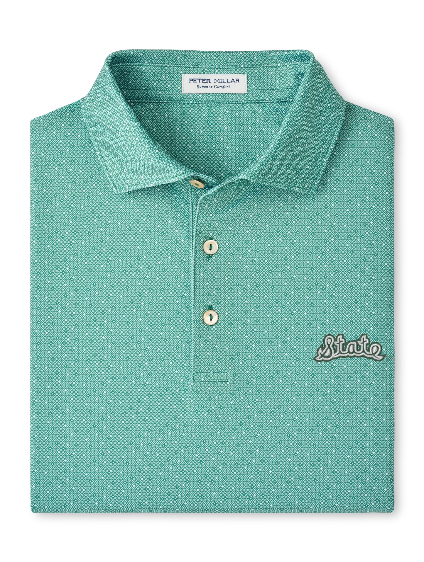 Teal polo with a three button placket, a white and darker teal spotted pattern, and "State" embroidered in white on the upper left chest. 