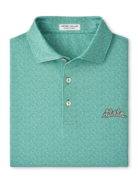 Teal polo with a three button placket, a white and darker teal spotted pattern, and "State" embroidered in white on the upper left chest. 
