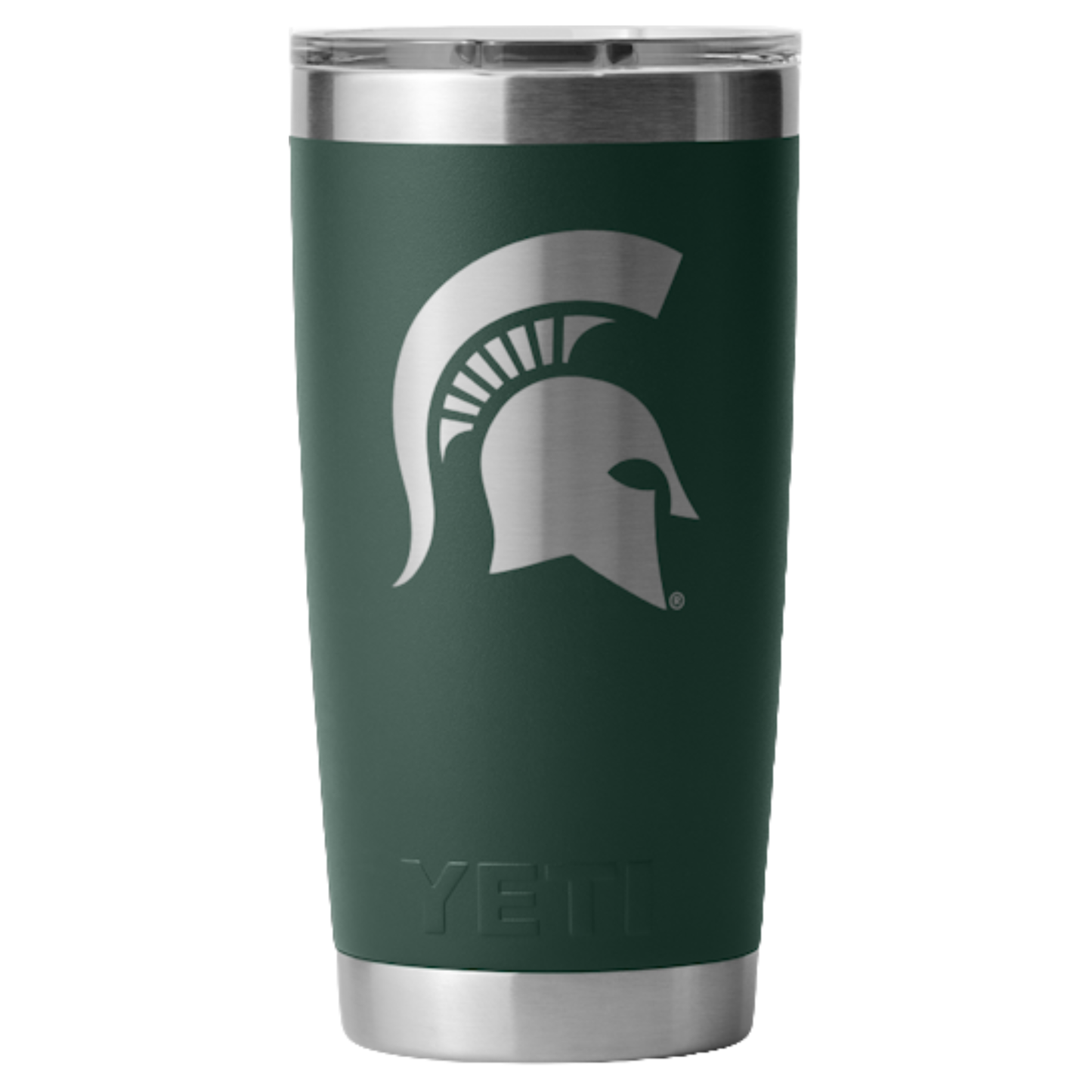 Dark green stainless steel cup with a clear lid and a silver Spartan Helmet logo in the center.