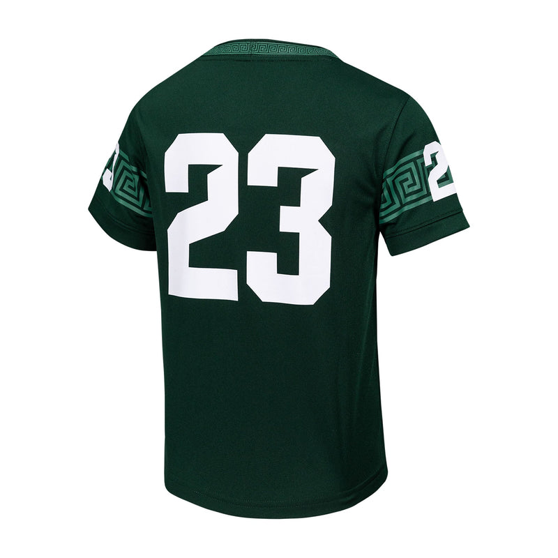 A youth football jersey in green with the number 23.