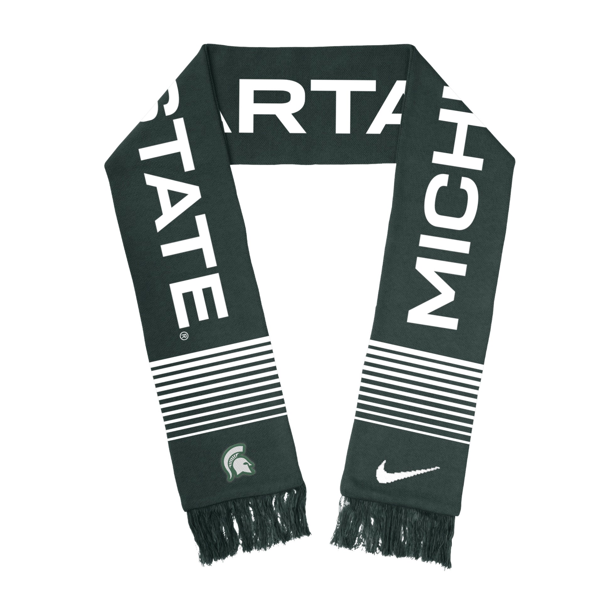 Dark green Michigan State Spartans knit scarf with large white "MICHIGAN STATE" lettering, white horizontal stripe accents near both ends, the Spartans helmet logo on one end, a white Nike Swoosh on the other, and green fringe tassels on both ends, displayed on a white background.