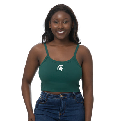 Green thin strapped tank top with scoop neck neckline. In center of shirt is a white embroidered Spartan helmet. 