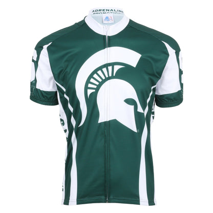 A green cycling jersey with white accents and a white Spartan Helmet logo on the chest and "Michigan State" printed vertically on the side in green.