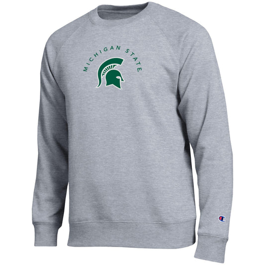 Grey crewneck sweatshirt. Screen printed in green in center chest is an arch is 'Michigan State'. Below Michigan State is a screen printed in green and outlined in white is a Spartan helmet logo. 