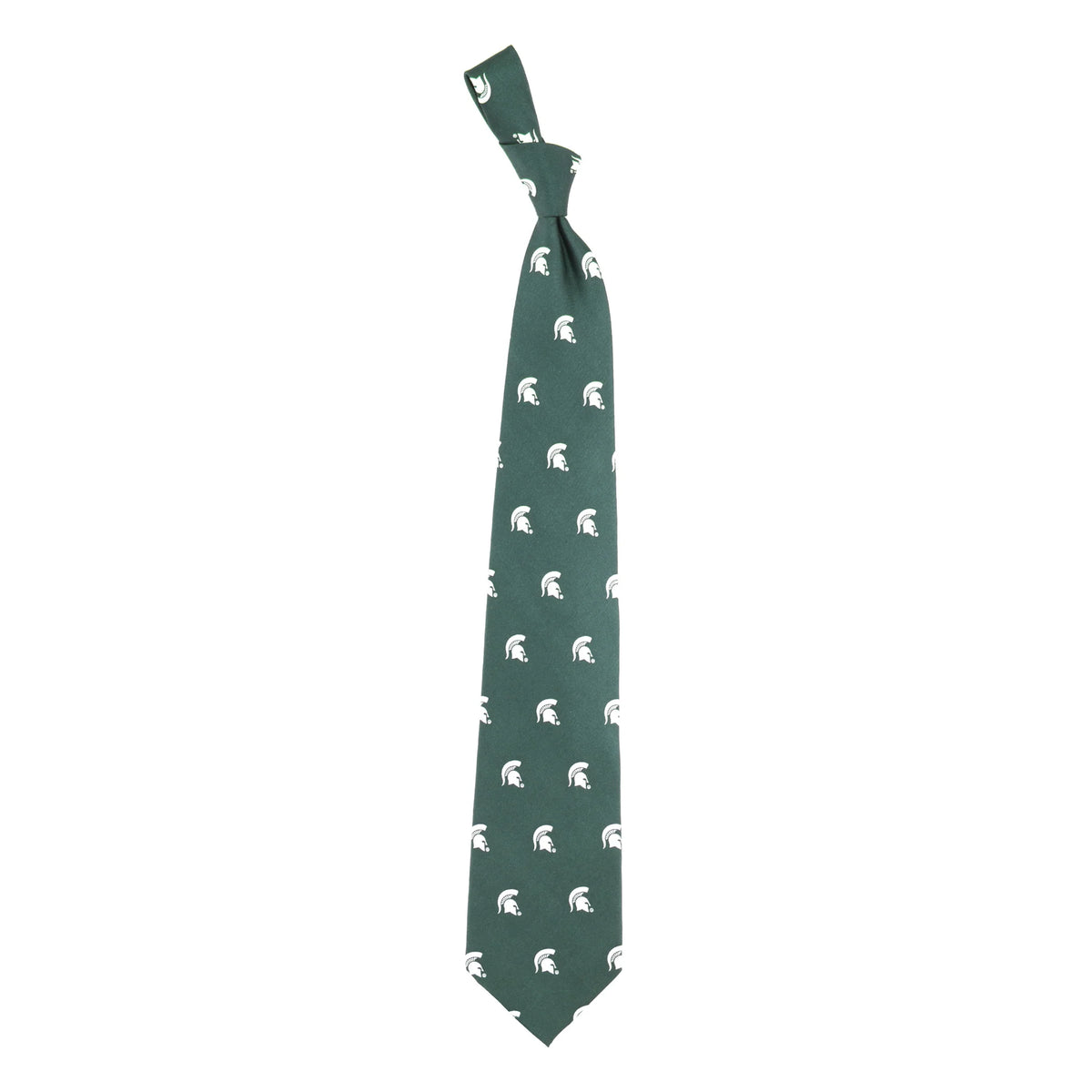 Green tie with a white Spartan Helmet pattern. 