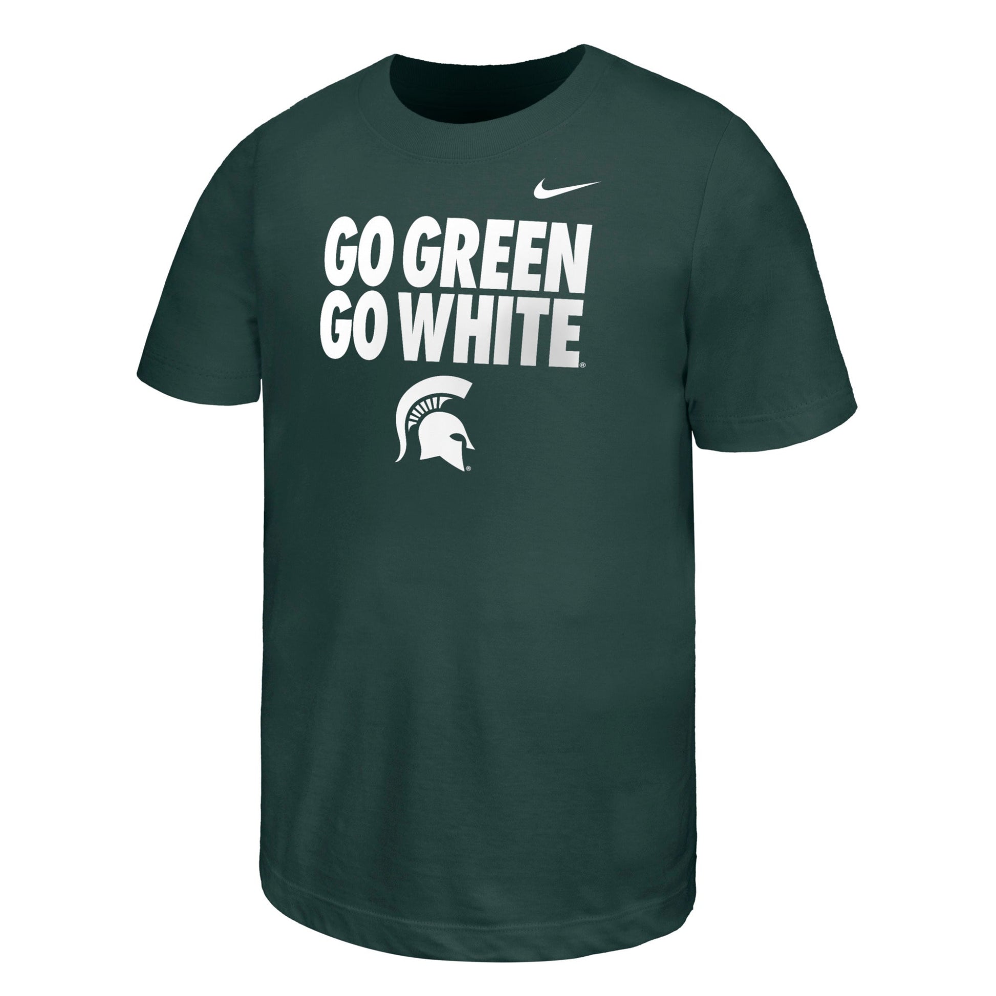 Dark green short sleeve shirt. A stacked screen print logo in white in center of chest in large print. At the top of design is 'Go Green' then 'Go White' and at the bottom is a Spartan helmet. On upper left chest is a Nike Swoosh logo. 