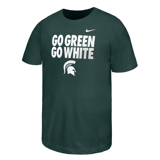 Dark green short sleeve shirt. A stacked screen print logo in white in center of chest in large print. At the top of design is 'Go Green' then 'Go White' and at the bottom is a Spartan helmet. On upper left chest is a Nike Swoosh logo. 