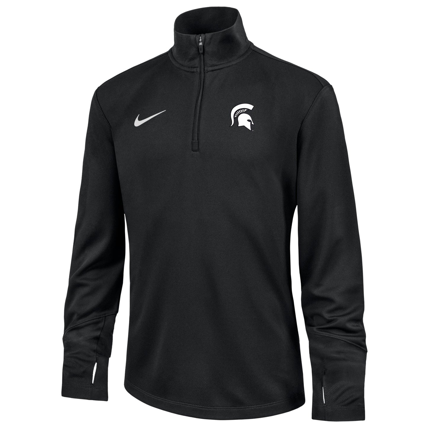 Youth black perfomance quarter zip pullover. Screen printed in white on left chest is a Spartan helmet. Screen printed in white on right chest is Nike Swoosh logo. At bottom of sleeves is thumb holes. 
