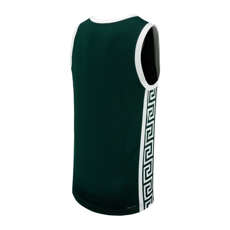 The back of a green Spartans basketball jersey with white Greek detailing on the side.