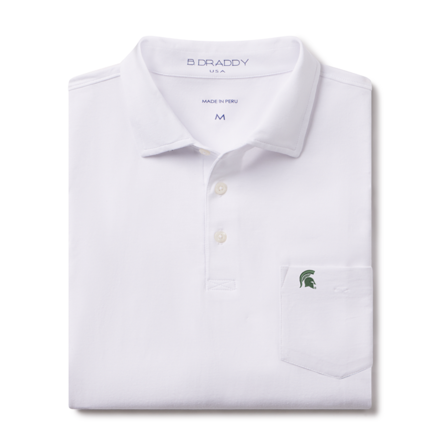 Folded white polo shirt with a collar and three buttons, featuring a small chest pocket with an embroidered green Spartan Helmet logo and "B. Draddy USA" branding inside the collar.