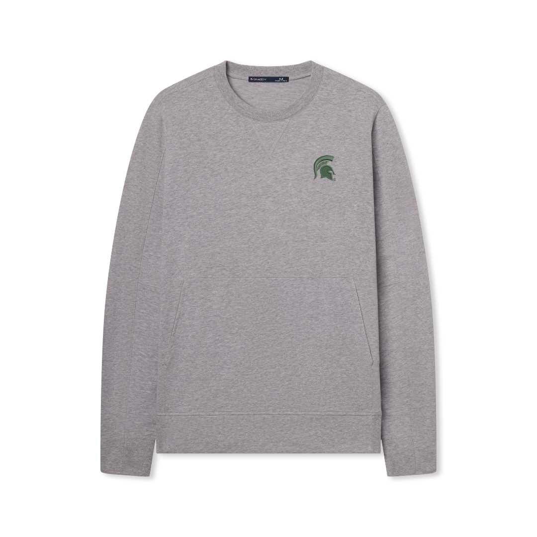 Gray crewneck with a pocket that goes across the middle and  a dark green Spartan Helmet logo embroidered on the upper left chest. 