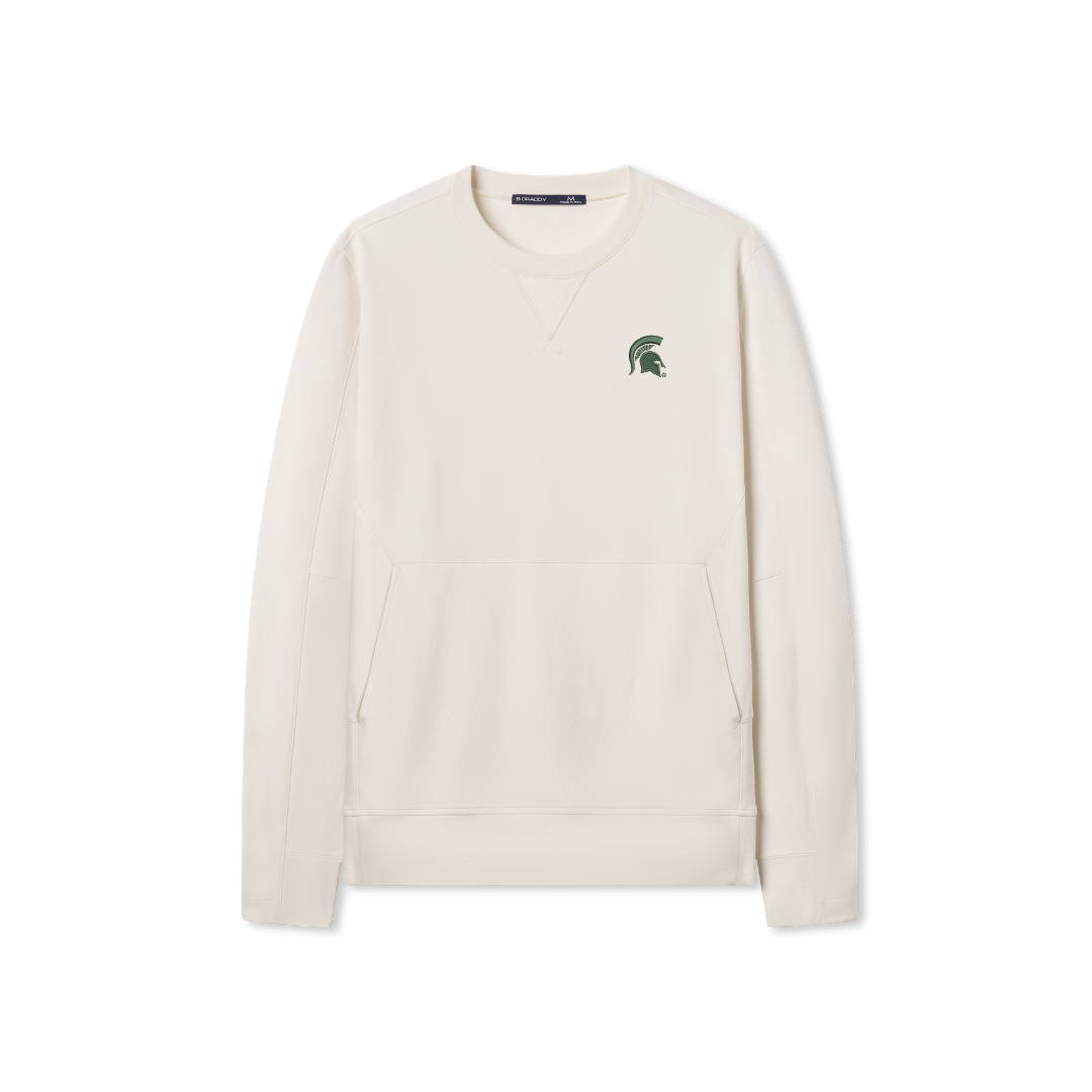 Cream colored crewneck sweatshirt with a kangaroo pouch pocket. Embroidered on left chest is a green Spartan helmet logo. 