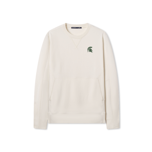 Cream colored crewneck sweatshirt with a kangaroo pouch pocket. Embroidered on left chest is a green Spartan helmet logo. 