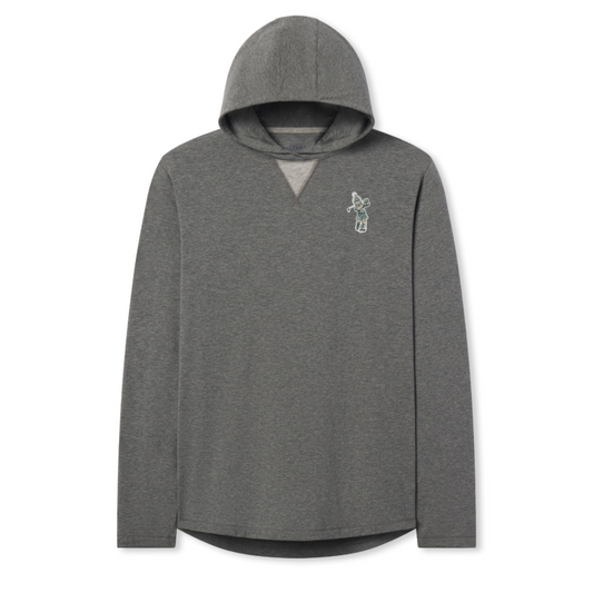 Gray hooded sweatshirt with long sleeves, featuring a small embroidered Sparty golf design on the upper left chest and a triangular fabric detail at the base of the neckline.