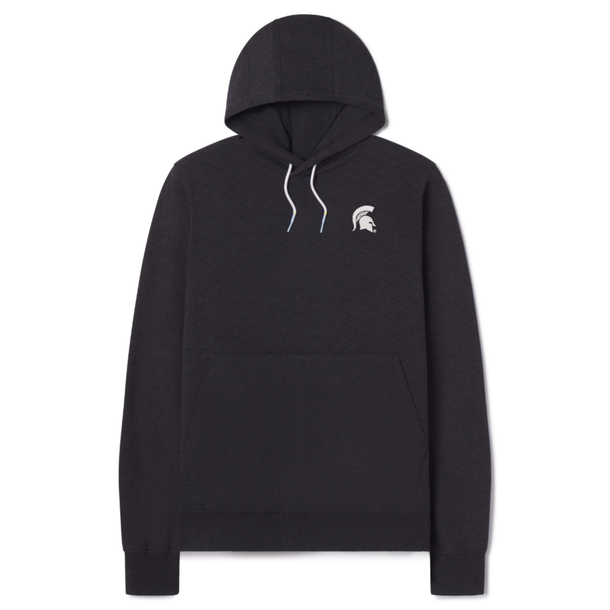 Black drawstring and quilted hoodie with a white Spartan Helmet logo on the left upper chest. Shown on a white background. 