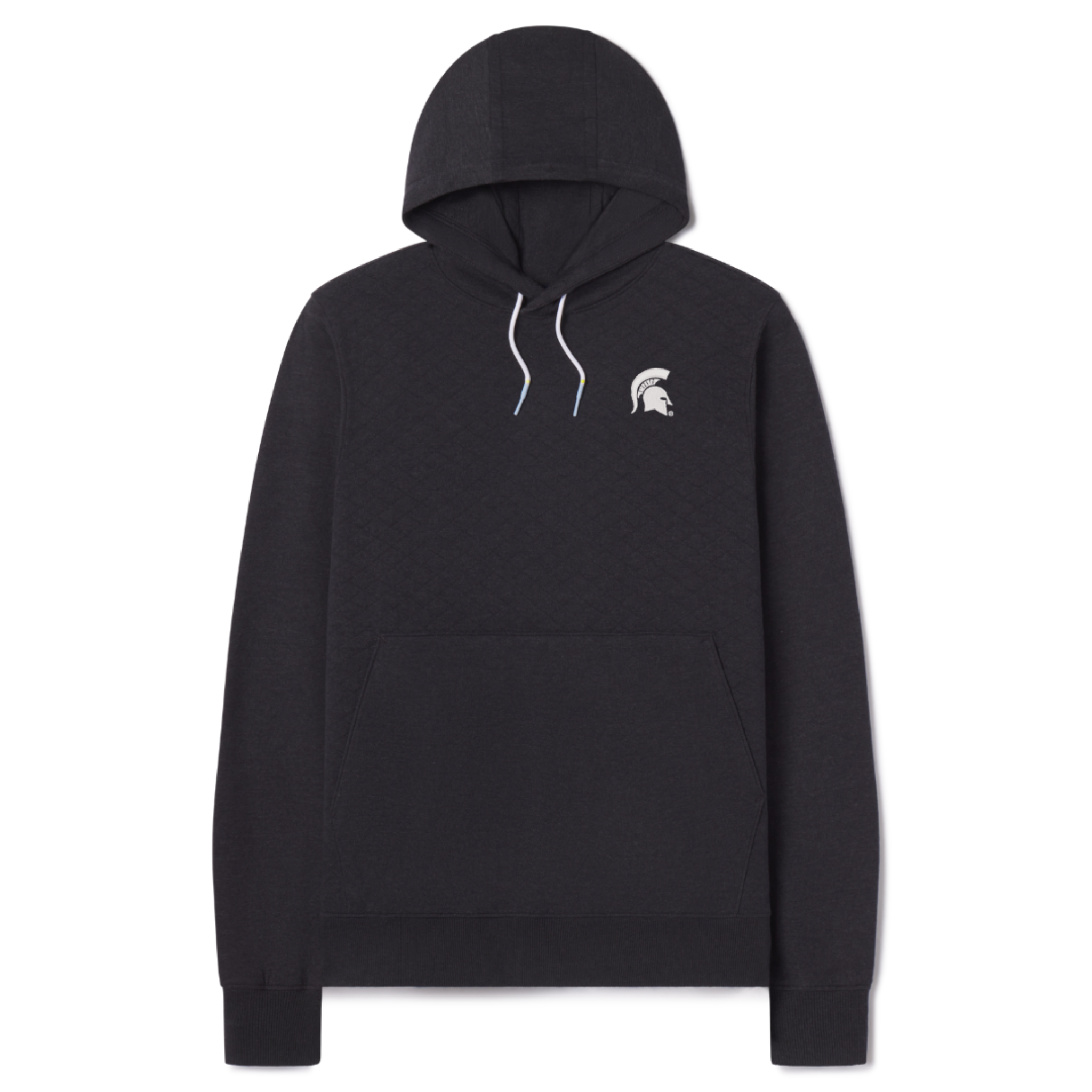 Black hoodie with a white spartan helmet  logo on the chest against a white background