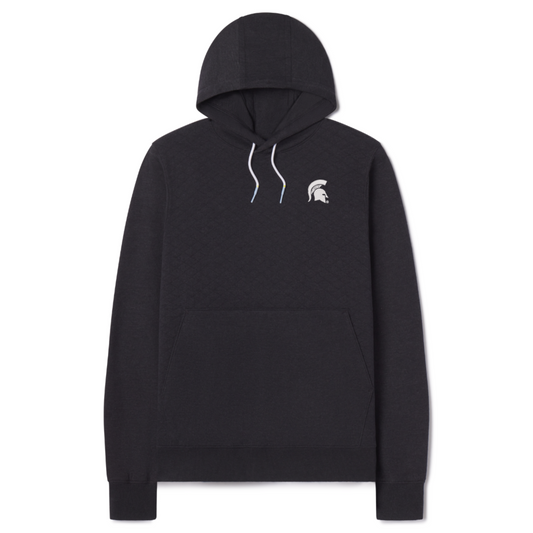 Black drawstring and quilted hoodie with a white Spartan Helmet logo on the left upper chest. Shown on a white background. 