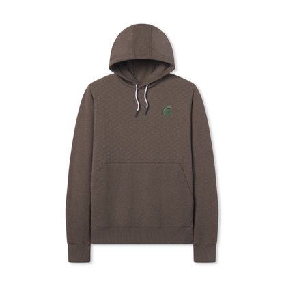 Brown quilted hoodie with a kangaroo pouch in front. Embroidered on left chest is a green Spartan helmet logo. 