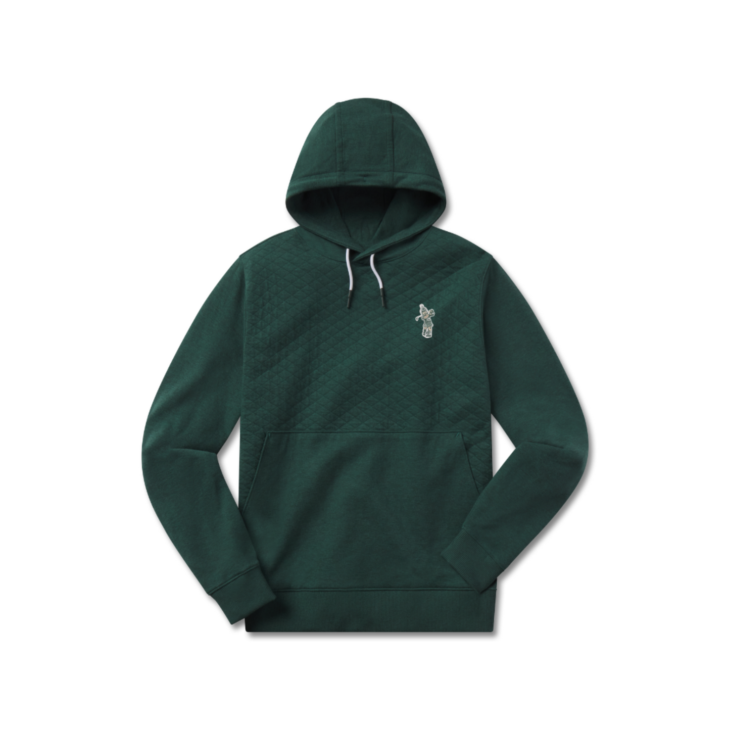 Green quilted hoodie with a kangaroo pouch in front. Embroidered on left chest is a Golf Spaty logo. 