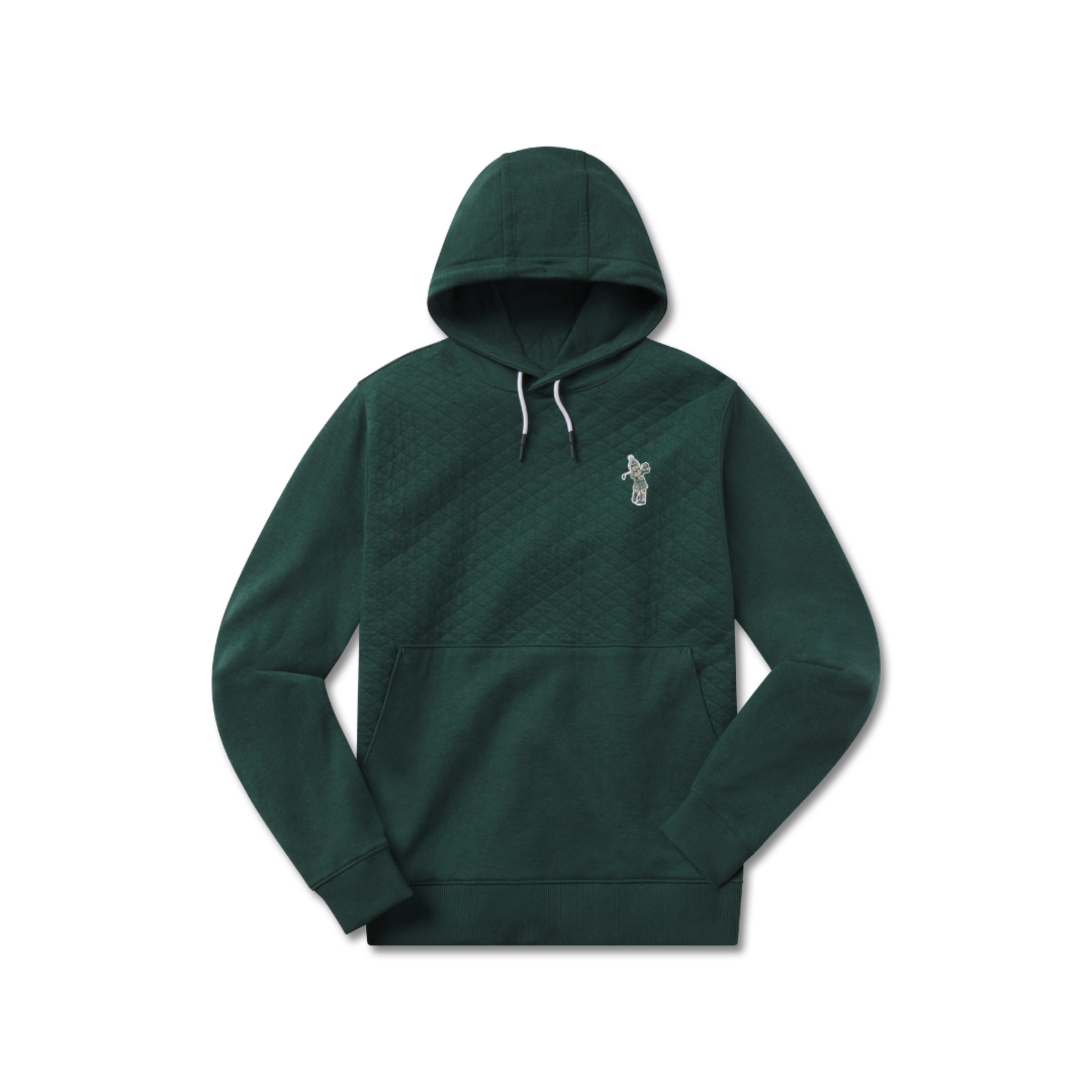 Green quilted hoodie with a kangaroo pouch in front. Embroidered on left chest is a Golf Spaty logo. 